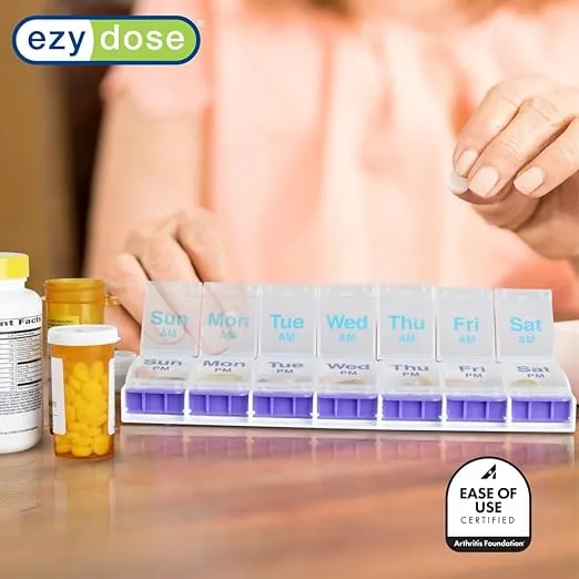 EZY DOSE Weekly (7 Day) 4 Times a Day Push Button Pill Organizer and Vitamin Planner, Removable Daily Pillboxes, Purple, Clear Lids, Small