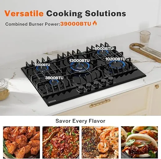 Empava 30 in. Gas Stove Cooktop 5 Italy Sabaf Sealed Burners NG/LPG Convertible in Black Tempered Glass, 30 Inch