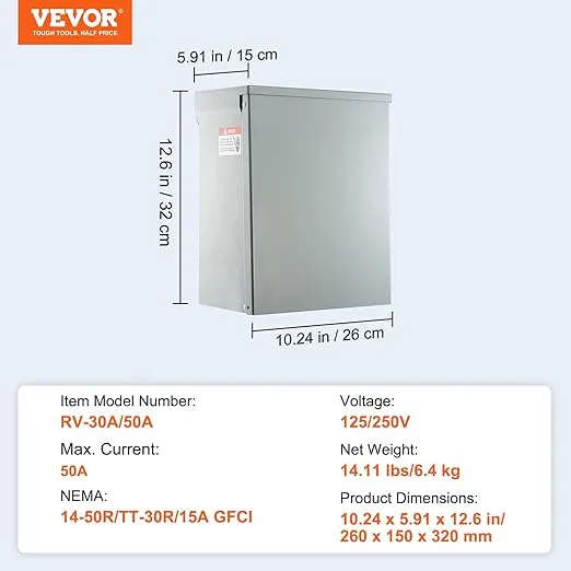 VEVOR Temporary Power Outlet Panel, Weatherproof RV Electrical Breaker Box with a 20/30/50 Amp Receptacle Installed, Prewired Circuit NEMA 14-50R/NEMA TT-30R / 20A GFCI for RV Camper Trailer Motorhome