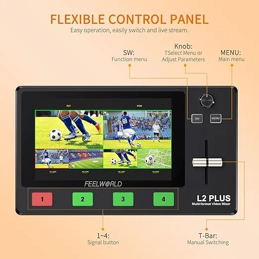 FEELWORLD L2 Plus Multi Camera Video Mixer Switcher, 5.5 inch LCD Touch Screen PTZ Controller Chroma Key 4 HDMI Input USB3.0 Output Format Real Time Production Live Streaming Built-in Cooler