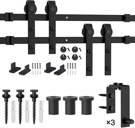 WINSOON 4FT-16FT Metal Sliding Bypass Barn Wood Door Hardware Kit System Bending Design Wall Mount Bracket Fit Double Wooden Doors (4FT)