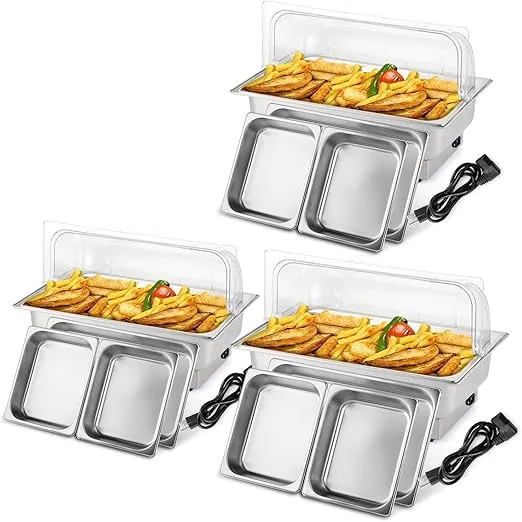 ROVSUN 3 Pack Electric 9 QT Stainless Steel Chafing Dish Buffet Set, NSF Roll Top Catering Chafer Server Food Warmer with Full Size & 2 Detachable Food Pans,Transparent PC Lid for Party Wedding