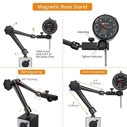 Neoteck 0-1"/0.001" Dial Indicator and Magnetic Base Set with Storage Case, Dial Gauge and Magnetic Holder for 3D Printer Lathe Workshop CNC Machine Table Saw- 176lbs (80kg) Max Pull-Black
