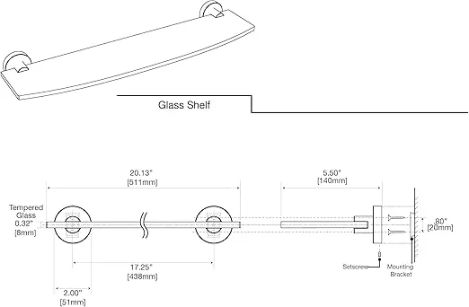 Gatco 4636MX Glam Glass Shelf, 20 Inch, Matte Black / Wall Mounted 20.13" X 5.50" Tempered Curved Glass Shelf