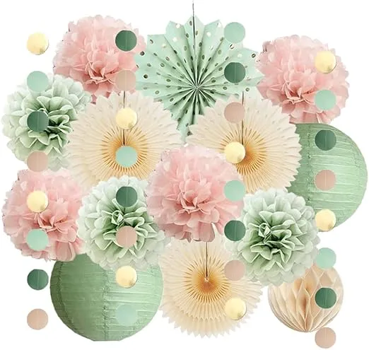 Sage Green and Blush Pink Party Decorations Paper Lanterns Sage Green Cream Paper Fans Light Pink Tissue Paper Pom Poms for Sage Green and Dusty Pink Birthday Baby Shower Bridal Shower Wedding