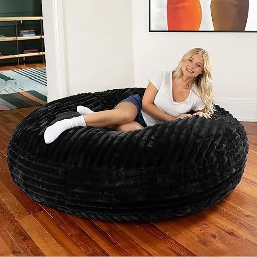 Jaxx 6 Foot Cocoon - Large Bean Bag Chair for Adults, Premium Luxe Faux Fur - Mondo Black