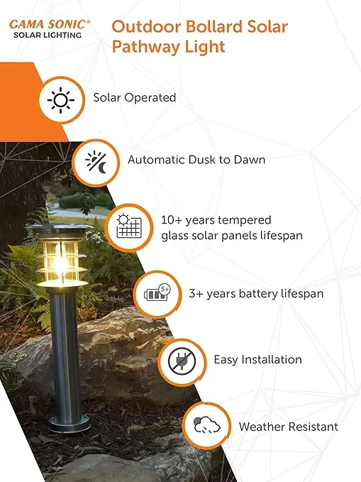 Gama Sonic Outdoor Bollard Solar Pathway Light, Silver Stainless and Glass, Auger EZ-Anchor for Dirt and Grass. 24.25-inch Lamp Height, Sidewalk, Path, Driveway, 100 Lumens, 1 Pack (214801)