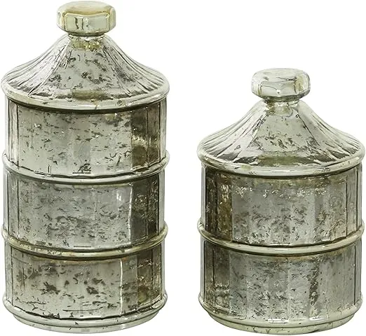 Deco 79 Glass Living Room Decorative Jars Stackable Decorative Container, Set of 2 Jar with Lid 12", 9"H, Gray