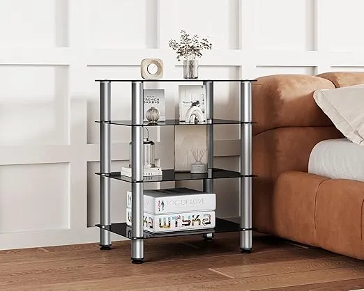 FITUEYES 4-Tier Media Stand Audio/Video Component Cabinet with Glass Shelf for/Apple Tv/Xbox One/ps4 Panda Silver Color