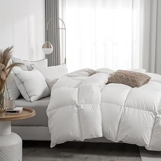 APSMILE Queen Size Feathers Down Comforter - Ultra Soft All Seasons 100% Organic Cotton Feathers Down Duvet Insert Medium Warm Quilted Bed Comforter with Corner Tabs (90x90,Ivory White)