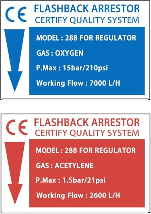 Oxygen & Acetylene/Propane Flashback Arrestors Set Regulator End 9/16-18 Threads B Size