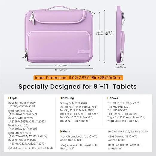 MoKo 9-11 Inch Tablet Sleeve Bag, Fits iPad Air 5/4th 10.9, iPad Pro 11 Inch, iPad 9/8th 10.2, iPad 10th 10.9, Tab S8/S9 11",Waterproof Polyester Bag with Double Pockets,Retractable Handle, Purple