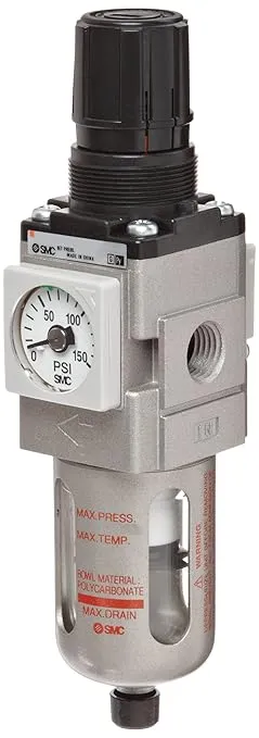 SMC AW20-N02CE-CRZ Filter/Regulator, Right to Left Flow, Polycarbonate Bowl with Bowl Guard, 5 Micron, Float Auto Drain (N.C.), Relieving Type, 7.25 - 123 psi Set Pressure Range, 28 scfm, Square Embedded Gauge, 1/4" NPT