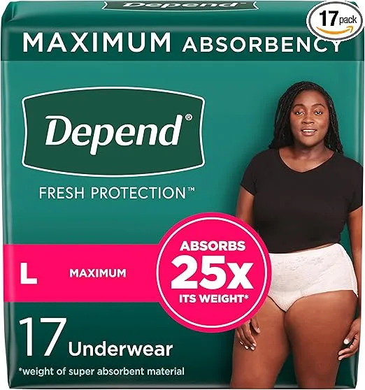 Depend Fresh Protection Adult Incontinence & Postpartum Bladder Leak Underwear for Women, Disposable, Maximum, Large, Blush, 17 Count, Packaging May Vary
