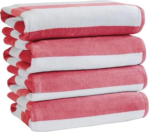 100% Cotton Velour Cabana Stripe Beach Towel Set 30" x 60" - Ultra Soft, Plush, & Highly Absorbent Towels for Pool, Beach, & Swimming. Marina Collection (4-Pack, Rose)