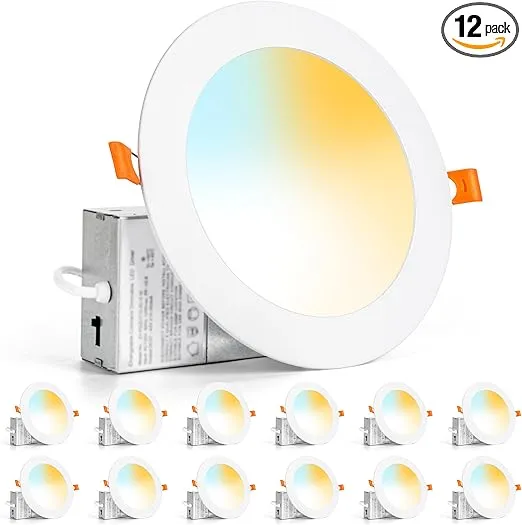 12 Pack LED Recessed Lighting 6 Inch 5CCT Retrofit Dimmable Ceiling Lights Canless Ultra-Thin with Junction Box, Wafer 1100LM Brightness,12W 120W Eqv 2700K-5000K Selectable ETL&FCC