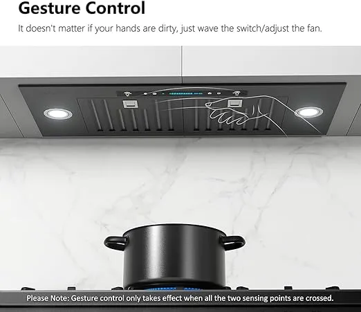 IKTCH 36 inch Black Built-in/Insert Range Hood, 900 CFM Ducted/Ductless Stainless Steel Kitchen Vent Hood with 4 Speed Gesture Sensing&Touch Control Panel(IKB01-36-BSS)
