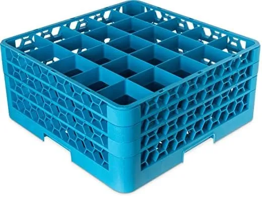 Carlisle FoodService Products OptiClean Plastic 25-Compartment Divided Glass Rack, Blue, 8.72" w/ 4 Extenders (Pack of 2)