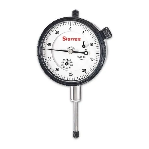 Starrett 25 Series Dial Indicator with Jewel Bearings and Lug-On-Center Back - White Face, 0-1.000" Range, 00-50 Continuous Dial, .0005" Graduations - 25-631J