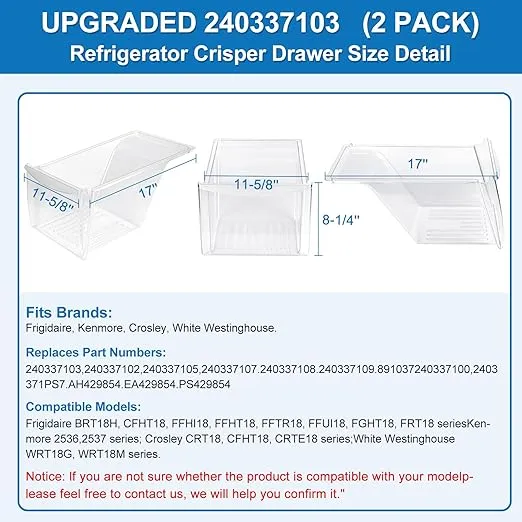 [2 PACK] 240337103 Refrigerator Crisper Drawer Replacement Compatible with Frigidaire Kenmore Refrigerator Drawer Replacement, Frigidaire Drawer Replacement for AP2115741, 240337100, 240337102