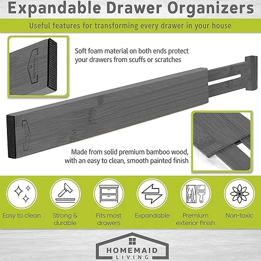 Homemaid Living Bamboo Drawer Dividers Adjustable & Expandable, Kitchen Drawer Organizer, Ideal for Silverware Drawer Organizer, Dresser Drawer Organizer or Bedroom & Bathroom Drawer Organizer (4pk)