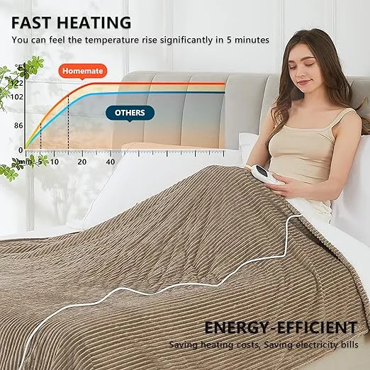 Homemate Heated Blanket Electric Throw - 50"x60" Heating Blanket Throw 1/2/4/6/8 Hours Auto-Off 10 Heat Levels Heat Blanket Over-Heat Protection Soft Flannel Sherpa Heater Blanket ETL Certification