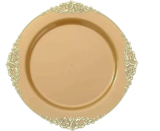 Efavormart 10 Pack | 10" Round Plastic Dinner Plates In Vintage Gold Leaf Embossed Baroque Disposable Plates