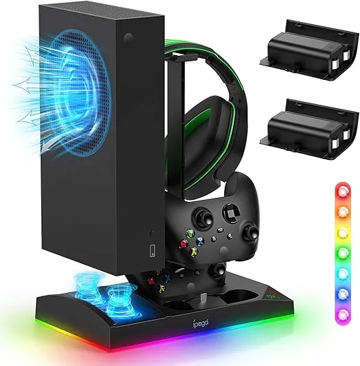 Upgraded RGB Cooling Fan Charging Station for Xbox Series S Console& Controller,Dual Charger Dock Cooler System Stand with 15 Colorful Light Modes Accessories with 2*1400mAH Rechargeable Battery,Black