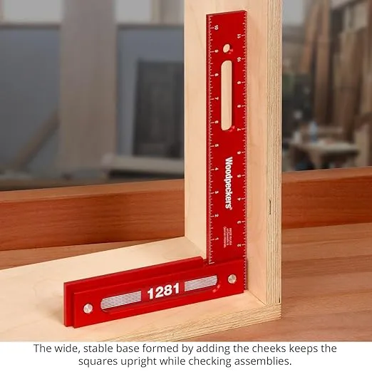 Woodpeckers Precision Woodworking Square, 12 Inch, Aluminum, USA Made, Feature Packed Square, Self Standing, Shoulder Lip, Laser Engraved Scales