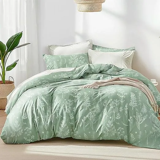 Love's cabin Sage Green Comforter Set Queen - Queen Size Comforter Set, 3 Pieces Cute Floral Bedding Sets for All Seasons,1 Soft Reversible Botanical Flowers Comforter and 2 Pillow Shams