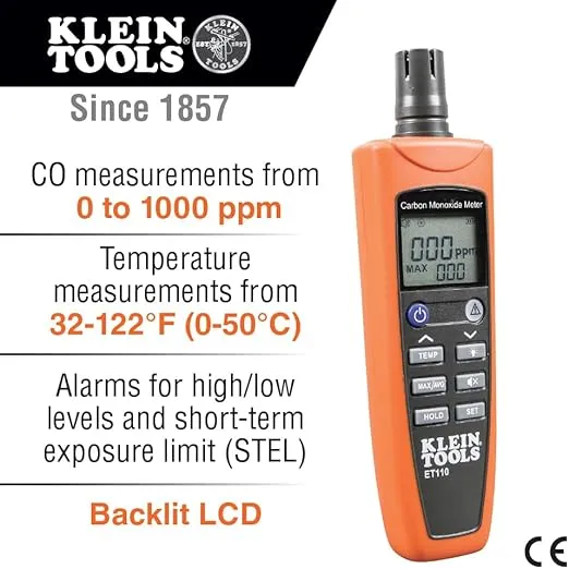 Klein Tools ET110 CO Meter, Carbon Monoxide Tester and Detector with Exposure Limit Alarm, 4 x AAA Batteries and Carry Pouch Included