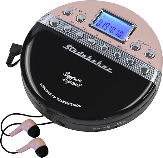 Studebaker SB3705PB Super Sport Portable CD Player Plays CDs Wirelessly Through Car Radio Includes FM Stereo Radio and Color Coordinated Stereo Earbuds