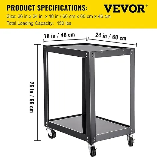 VEVOR AV Cart, 26 Inch Height Media Cart with Power Strip, 24 x 18 Presentation Cart with 2 Shelves, 4 Rolling Casters and 2 Locking Brakes, 150 lbs Heavy- Duty Av Cart Fit for Offices and Schools