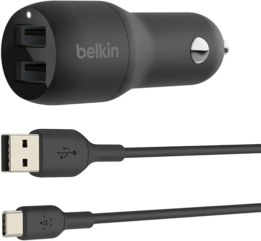 Belkin 24 Watt Dual USB Car Charger - 2 12W USB A Ports with USB-C Cable for Fast Charging Apple iPhone 14, 14 Pro, 14 Pro Max, iPhone 13, Samsung Galaxy, AirPods & More - USB-C Charger