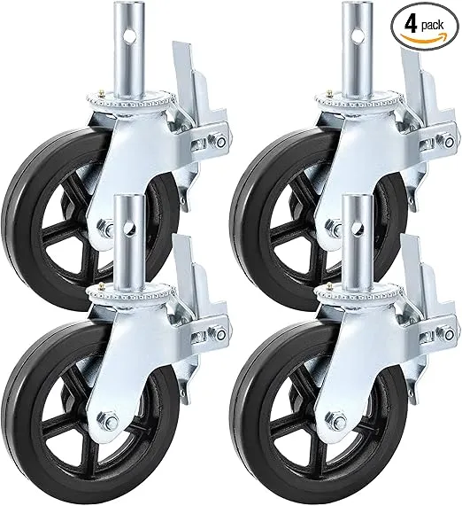 VEVOR 4 Pack Scaffolding Wheels, 8 x 2 Inch Scaffold Caster Wheels with Dual Locking Rubber Swivel Casters, 360 Degrees Heavy Duty Rubber Swivel Stem Casters with Brake, 4400LBS Capacity