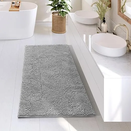 Hearth & Harbor Bathroom Rugs, Chenille Bath Mat - Machine Washable Bath Mats for Bathroom Non-Slip Backing Rubber, Quick Dry Bathroom Mat - Silver Bath Rug, 26x44