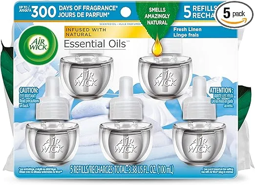 Air Wick Plug in Scented Oil Refill, 5ct, Fresh Linen, Essential Oils, Air Freshener