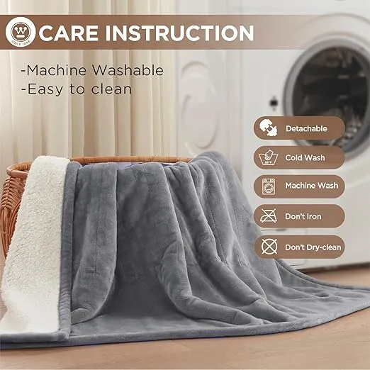 Westinghouse Heated Blanket Queen Size, Soft Flannel to Sherpa Electric Blanket with 10 Heating Levels, 12 Hours Auto Off, Fast Heating Blanket, Machine Washable, 84x90 Inch, Light Grey