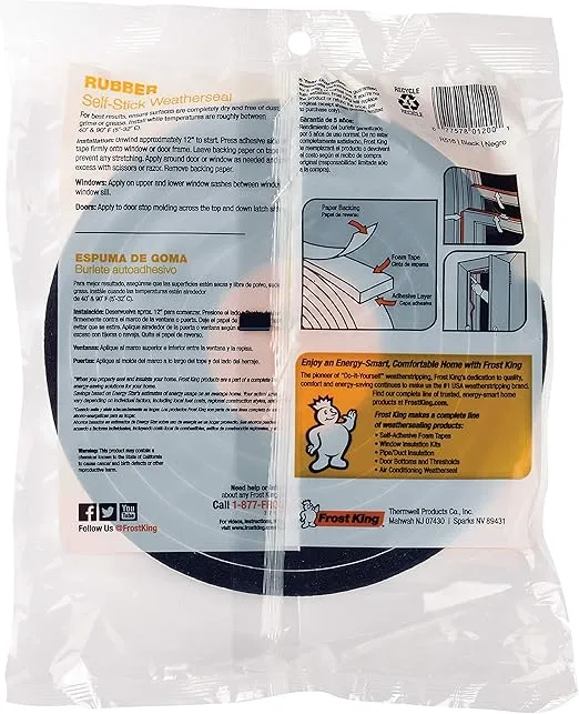 Frost King R516H 1-1/4-Inch by 7/16-Inch by 10-Foot Thick Sponge Rubber Foam Tape, Black