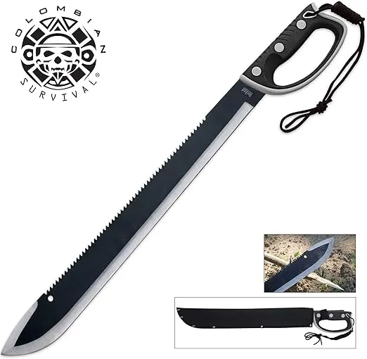 COLOMBIAN MACHETES Sawback Survival Machete and Sheath - Non-Reflective Stainless Steel Blade, Serrations, Rubberized Handle, Wrist Lanyard, For Wilderness Cutting Jobs and Trailblazing - Length 24"