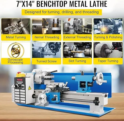 VEVOR Mini Metal Lathe, 7"x14", 550W Variable Speed 2250 RPM Metal Lathe, with 3-jaw Chuck Mini Lathe Machine Benchtop Metal Lathe Digital Display for Metal Turning