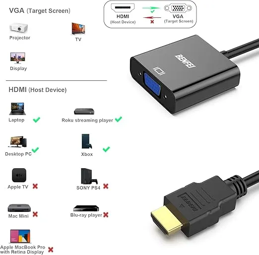 BENFEI HDMI to VGA, Gold-Plated Adapter (Male to Female) for Computer, Desktop, Laptop, PC, Monitor, Projector, HDTV, Chromebook, Raspberry Pi, Roku, Xbox and More - Black