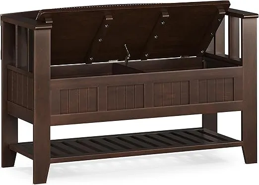 SIMPLIHOME Acadian Solid Wood 48 Inch Wide Transitional Entryway Storage Bench with Shelf in Brunette Brown, for The Living Room, Entryway and Family Room