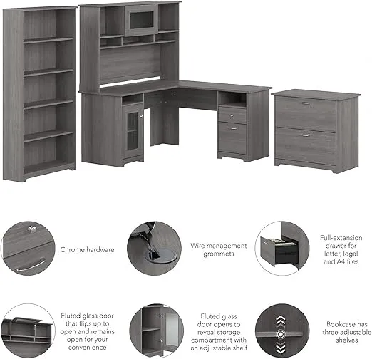 Bush Furniture L Shaped Desk with Hutch, 5 Shelf Bookcase and Lateral File Cabinet | Cabot Collection Corner Computer Table with Storage and Bookshelf | 60Wx23DX37W