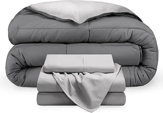 Bare Home Reversible Bed-in-A-Bag Comforter & Sheet Set - Twin Extra Long - Down Alternative - Soft - Bedding Set (Twin XL, Light Grey/Grey, Light Grey)