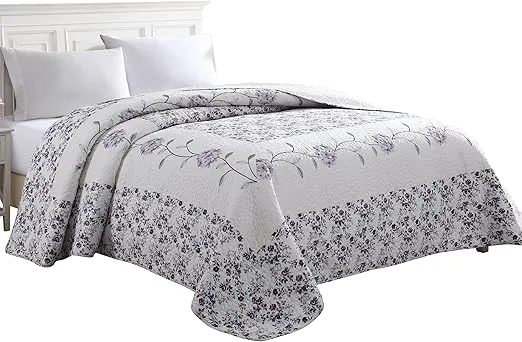 Beatrice Home Fashions Carnation Floral Embroidered Quilted Bedspread, Lightweight, All-Seasons, Twin, Lavender