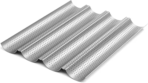 2 Pack Nonstick Perforated Baguette Pan 15" x 13" for French Bread Baking 4 Wave Loaves Loaf Bake Mold Oven Toaster Pan (Silver)