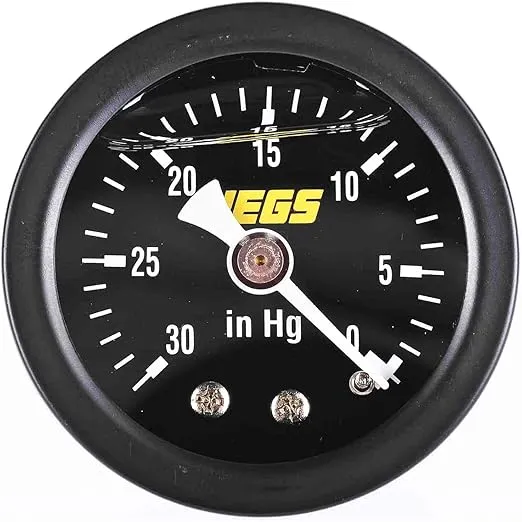 JEGS Vacuum Gauge | 1.5” Diameter | Liquid-Filled | 0-30 PSI | Black Dial | 1/8 “ NPT Male Fitting | Black Steel Case & Bezel