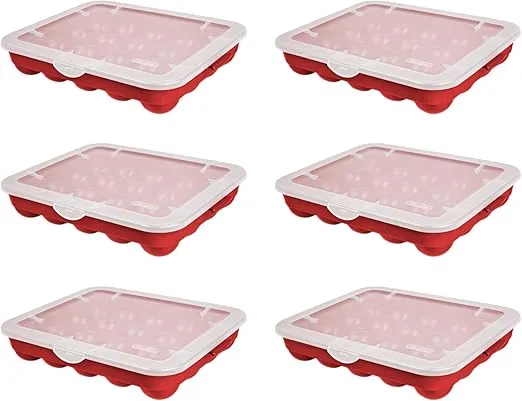 Sterilite 20 Compartment Christmas Holiday Ornament Container Box Home Decor Stackable Storage Case, Red Base with Clear Lid (6 Pack)