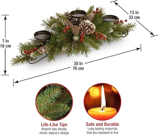 National Tree Company Artificial Christmas Centerpiece | Includes 3 Candle Holders, Red Berries, Pine Cones and Steal Base | Frosted Berry - 30 Inch